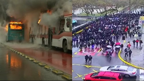 Queman dos buses del Transantiago en Quinta Normal y marcha estudiantil corta el tránsito en el centro de Santiago