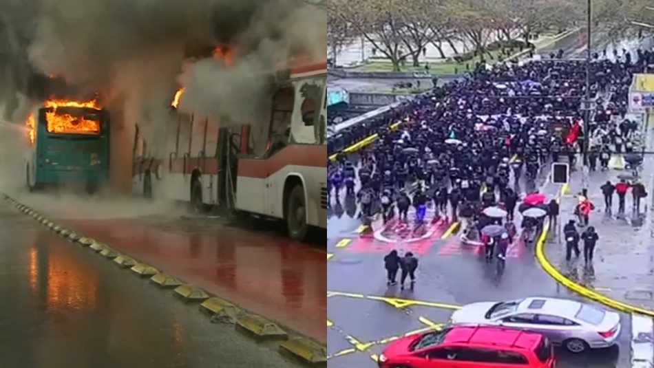 Queman dos buses del Transantiago en Quinta Normal y marcha estudiantil corta el tránsito en el centro de Santiago