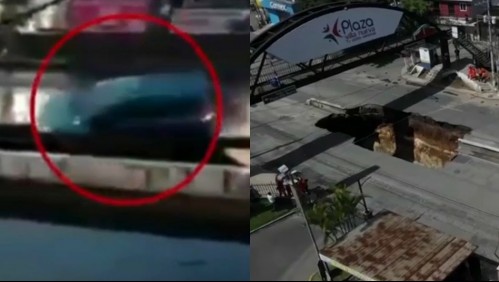 Impresionantes y gigantescos socavones en plena calle: Auto cayó en uno de ellos mientras transitaba en Guatemala