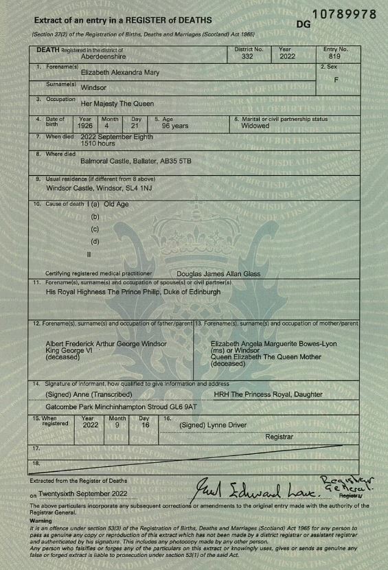 Certificado de muerte de la reina Isabel II