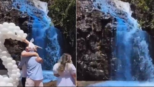 Pareja vierte colorante azul en una cascada de 18 metros de altura para anunciar el sexo del bebé: Podrían ir presos