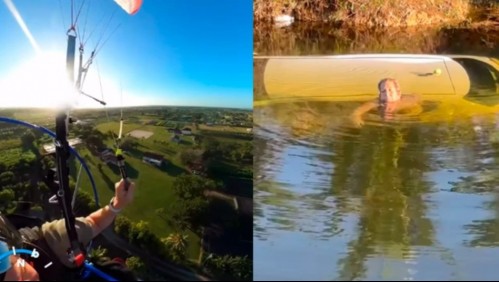 Empresario daba paseo en 'paramotor' y terminó salvando a mujer que se ahogaba tras caer con su auto a un canal