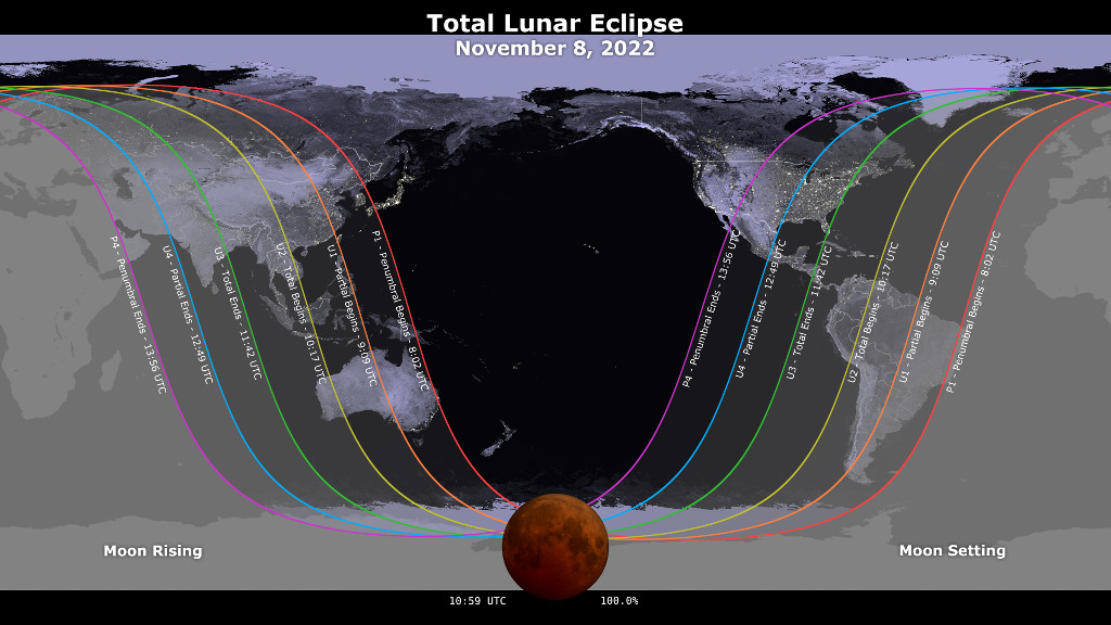 Camino del eclipse. Porción central, sobre el océano, será el sitio que tenga mejor visibilidad. Créditos: NASA Goddard Space Flight Center/Scientific Visualization Studio