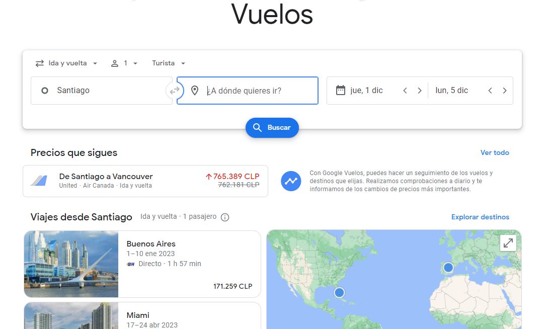 Captura de pantalla de la plataforma Google Vuelos. En la porción inferior derecha se ve el mapa en que debes hacer clic