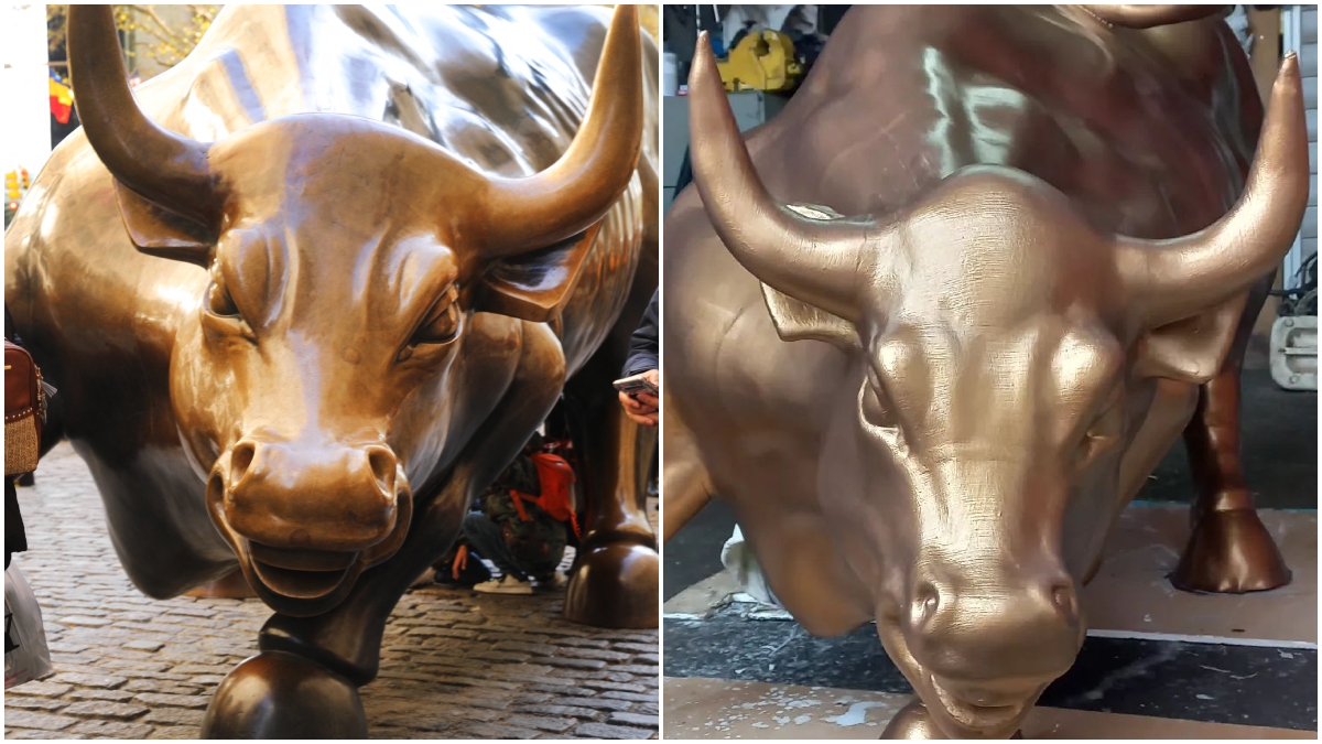 De izquierda a derecha, el Toro de Wall Street original y la réplica chilena.