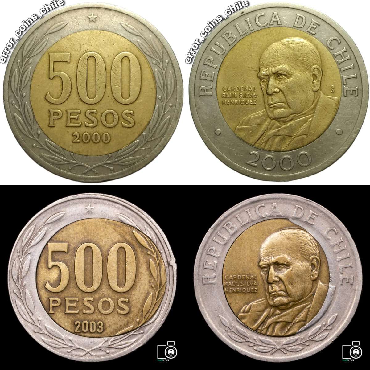 Moneda con el año 200 por ambos lados y moneda con la falla de huevo frito. (Error_coins_chile y ShotCoin)