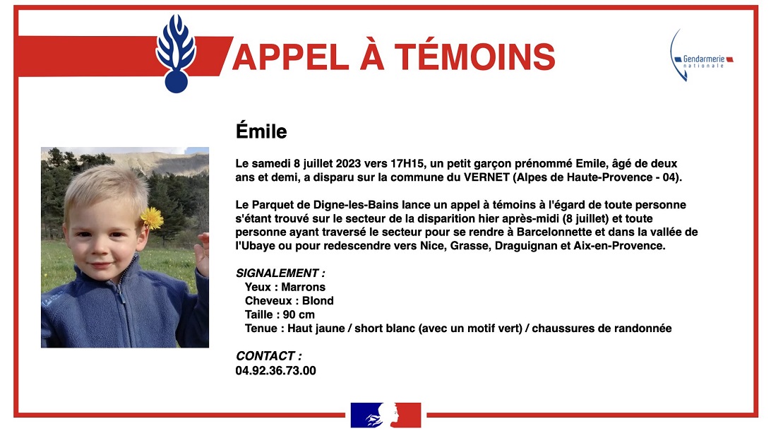 Junto con mencionar las características físicas de Émile, la Fiscalía pide la cooperación de eventuales testigos (Twitter Gendarmerie Nationale)
