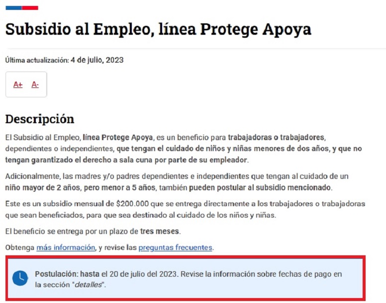El sitio web de ChileAtiende destaca el nuevo plazo de postulación al Subsidio Protege: del 1 al 20 de julio.