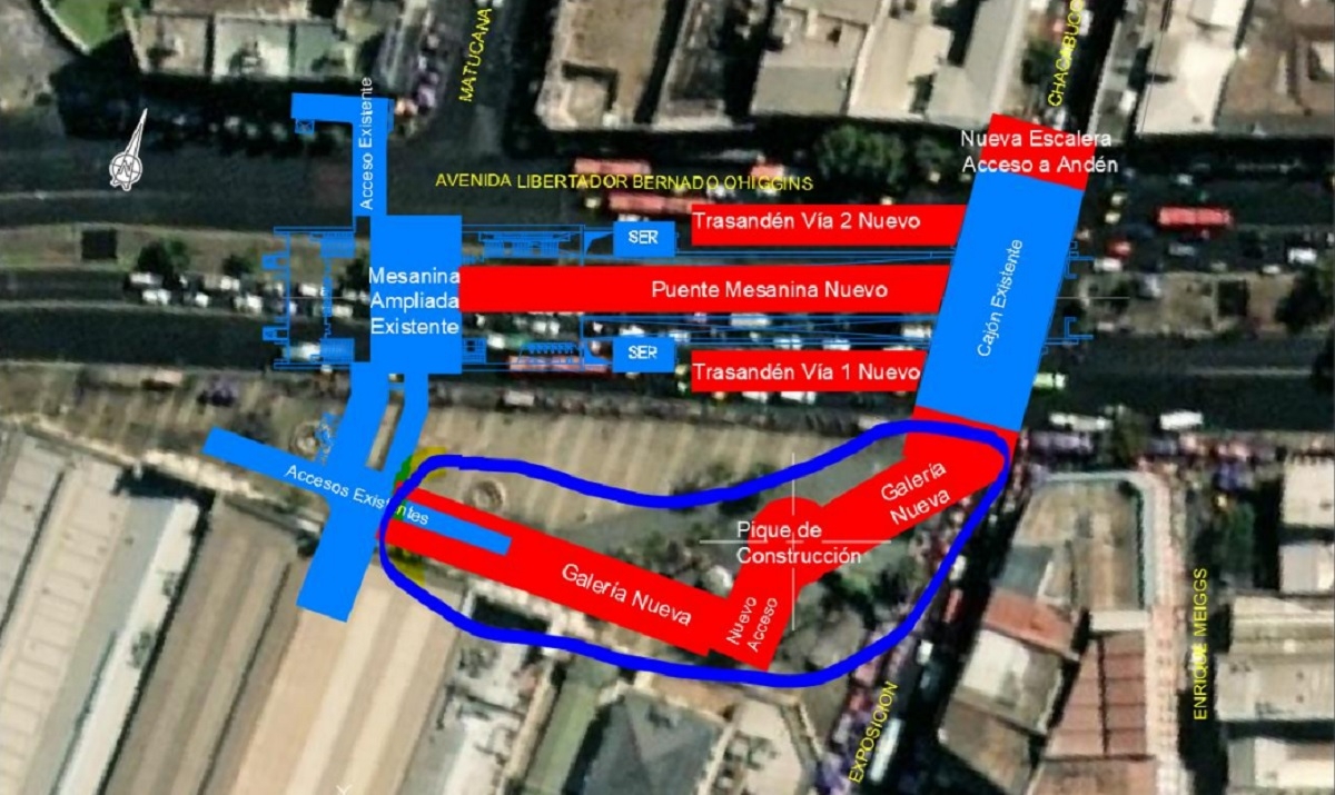 En azul, las obras existentes. En rojo, la propuesta de intervención del proyecto. El perímetro azul constituye el sector de Plaza Argentina (Metro)