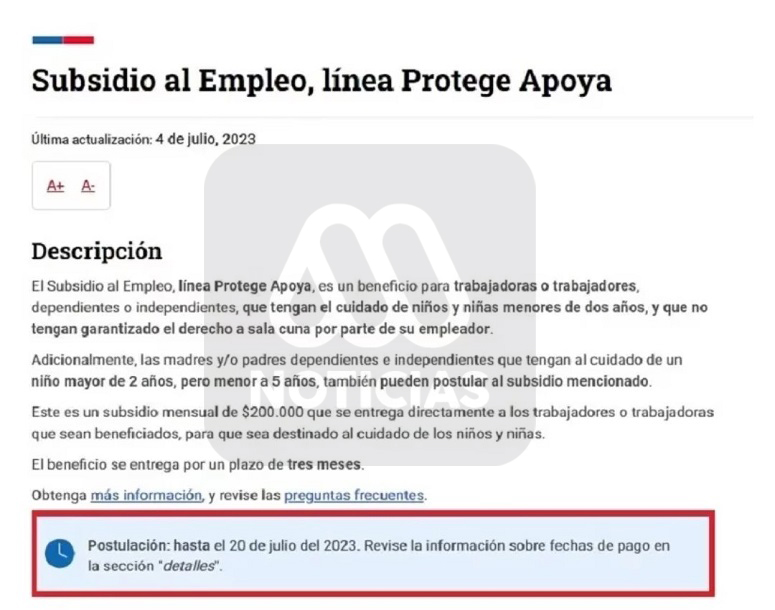 El 4 de julio, ChileAtiende anunció que las postulaciones al Subsidio Protege se habían extendido hasta el 20 de julio de 2023 (Captura de Meganoticias.cl)