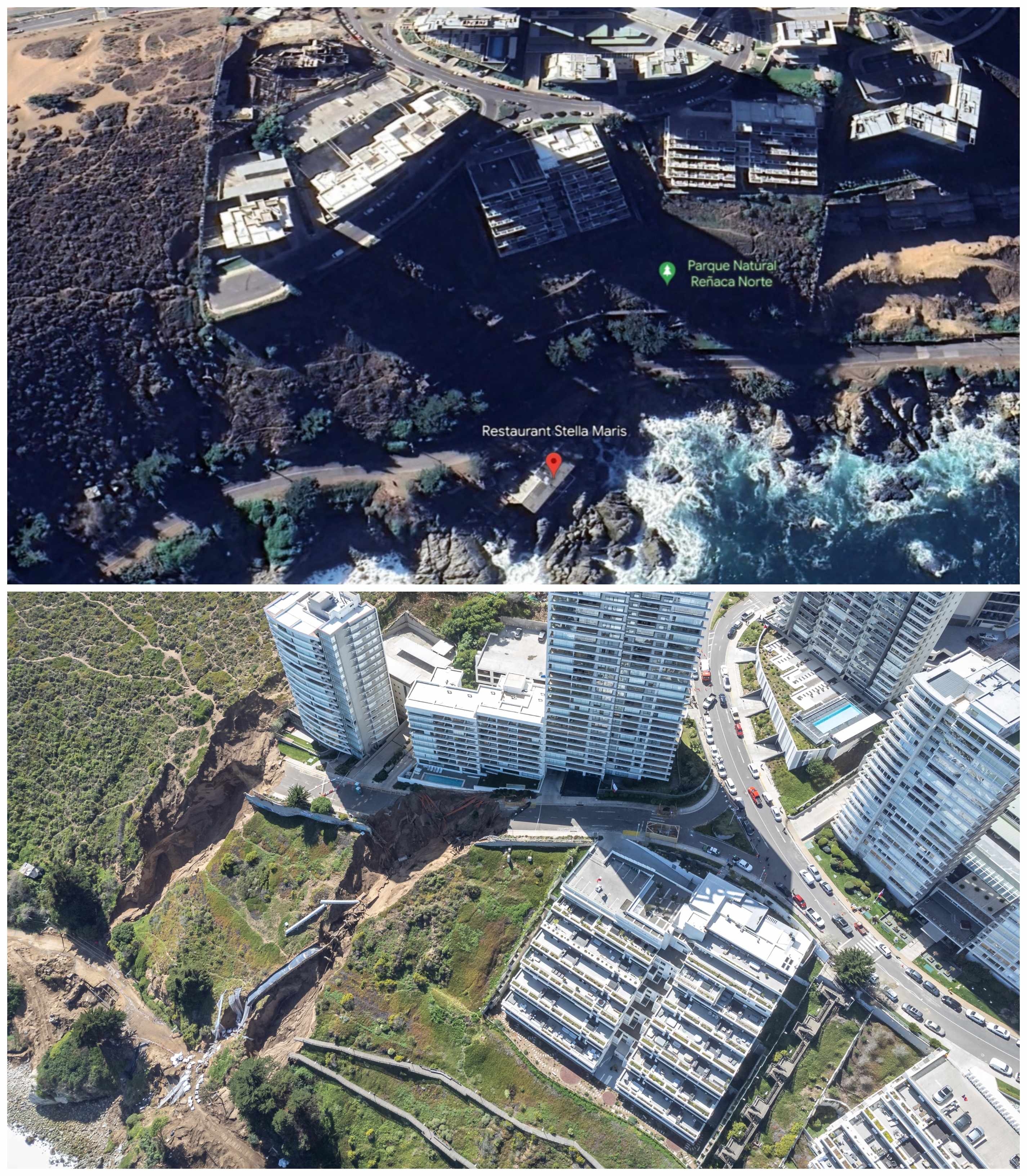 Antes y después de la zona afectada por los socavones. En la imagen superior se aprecia la ubicación del restaurant (Google Earth/Aton)