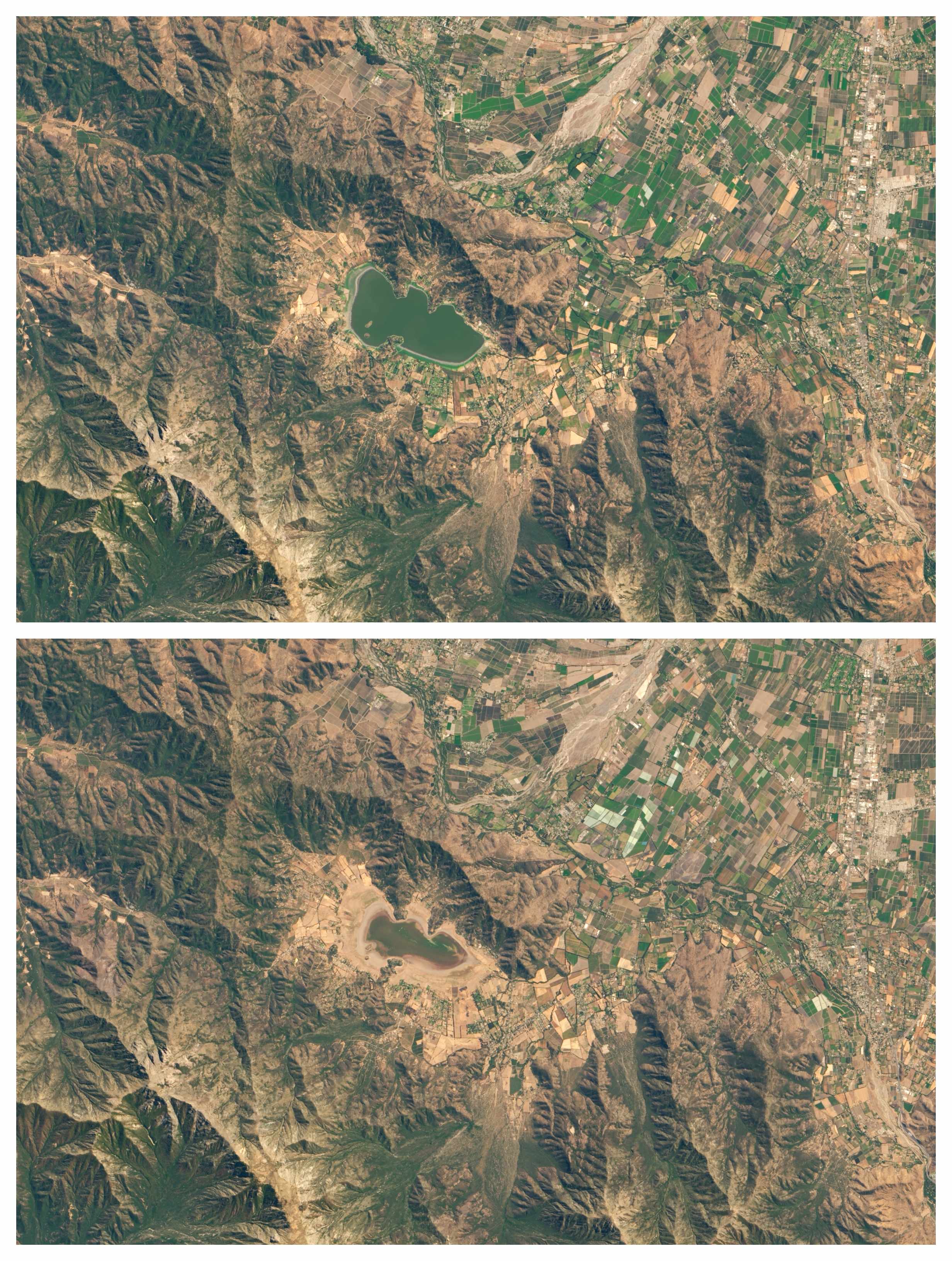 La imagen superior muestra el estado de la Laguna Aculeo en febrero de 2014. La imagen en inferior, la poca cantidad de agua que registraba en marzo de 2019 (Observatorio de la Tierra)