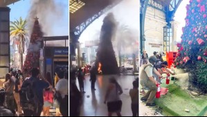 Queman árbol de Navidad en Plaza Argentina de Estación Central tras desalojo de comerciantes ambulantes