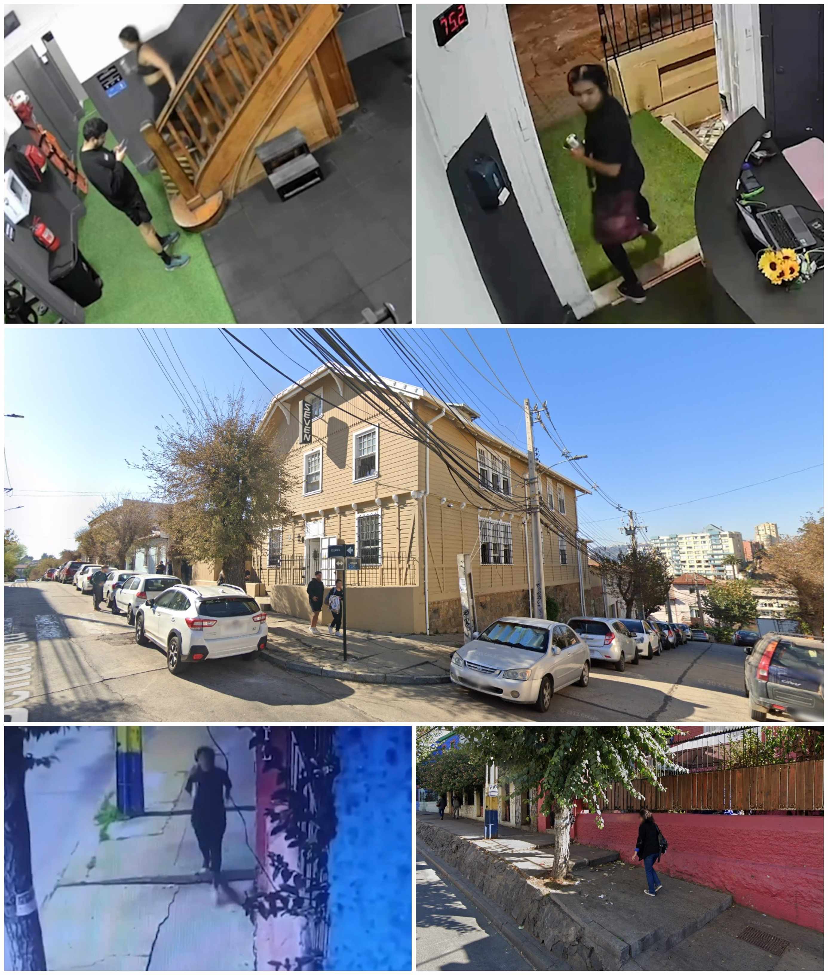 Imágenes y referencias geográficas de los sectores en los que estuvo Anahí Espíndola: la escalera y salida del gimnasio, la fachada del recinto deportivo y el tramo de Agua Santa en el que fue captada (Archivo/Google Maps)