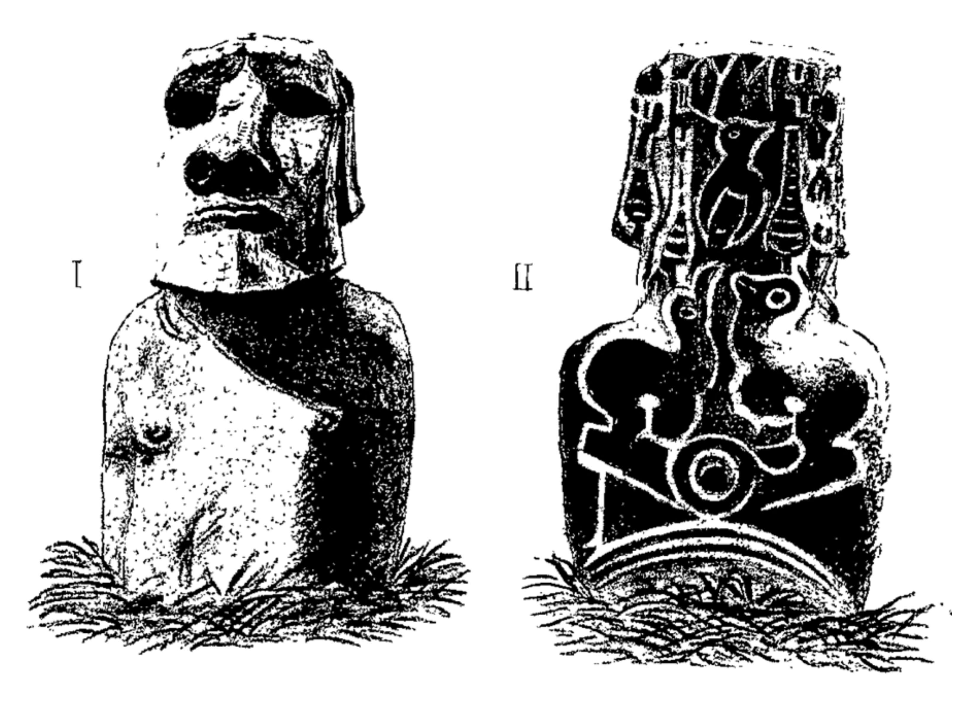 Representación gráfica de cómo los ingleses encontraron enterrado al moái (Wikimedia)