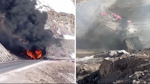 Camión desbarranca y se prende fuego en ruta que une a Chile con Argentina: Se le cortaron los frenos