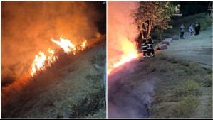 Video muestra a dos individuos causando incendio con pirotecnia al borde del río Mapocho