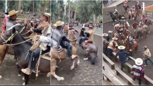 Registran brutal pelea a caballo en pleno rodeo en San Vicente de Tagua Tagua: Se golpearon y uno terminó en el suelo