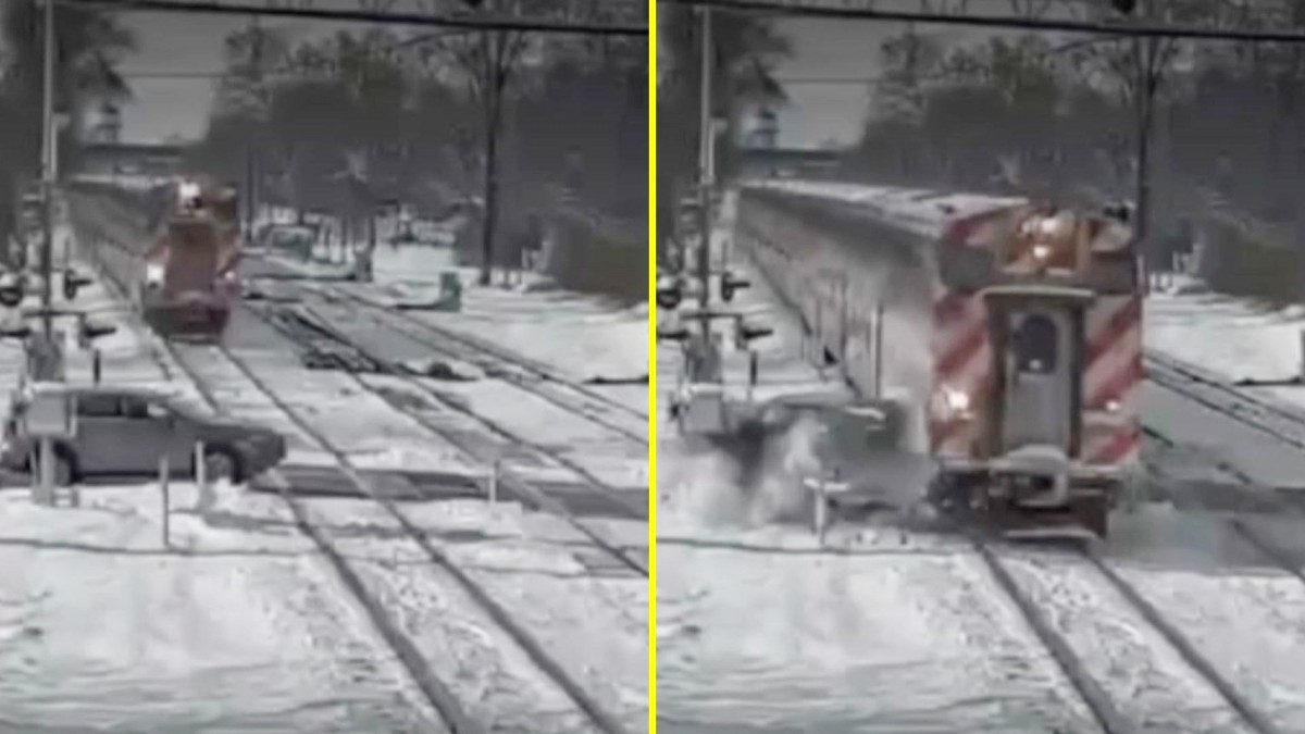Video capta brutal choque entre un tren y un auto que quedó atrapado por el hielo en EEUU