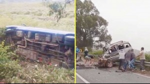 Grave accidente de tránsito entre Quintero y Concón: Bus de locomoción colectiva choca con furgón y termina volcado