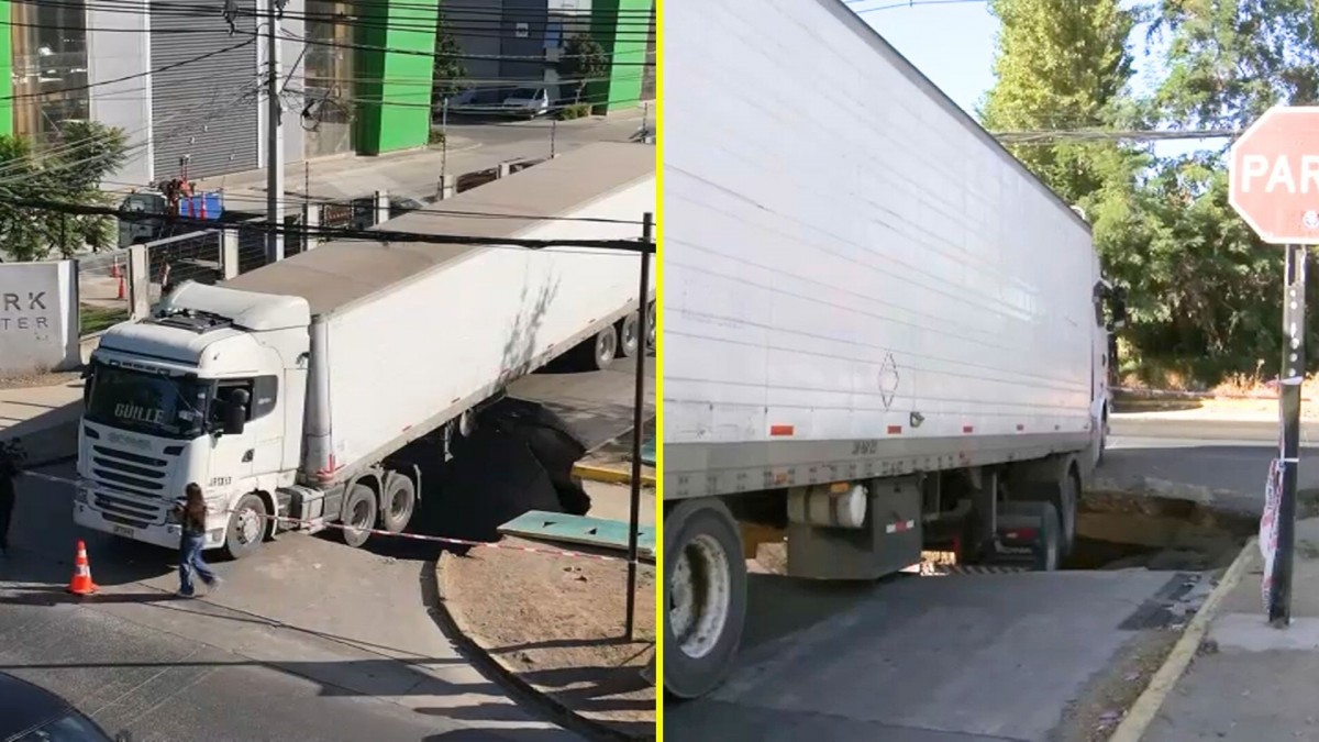 Camión cargado de queso se detuvo en una esquina y abrió un socavón en Renca