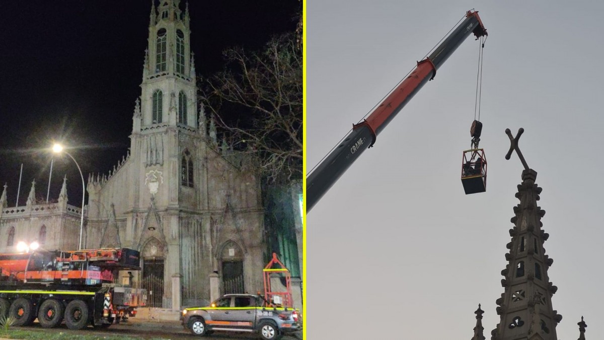 A 40 metros de altura: Despliegan operativo para retirar cruz inclinada de histórica iglesia en Viña del Mar