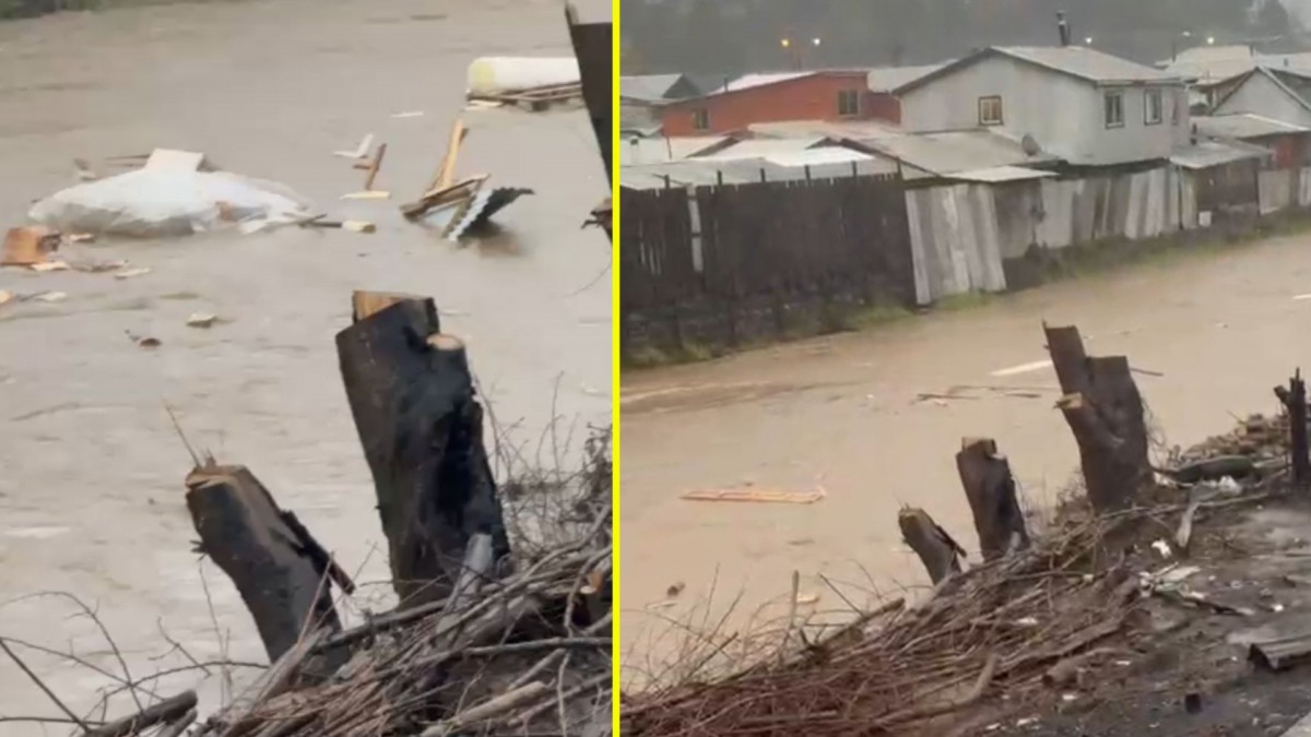 Impactante video muestra río arrastrando restos de viviendas en Curanilahue en medio del sistema frontal