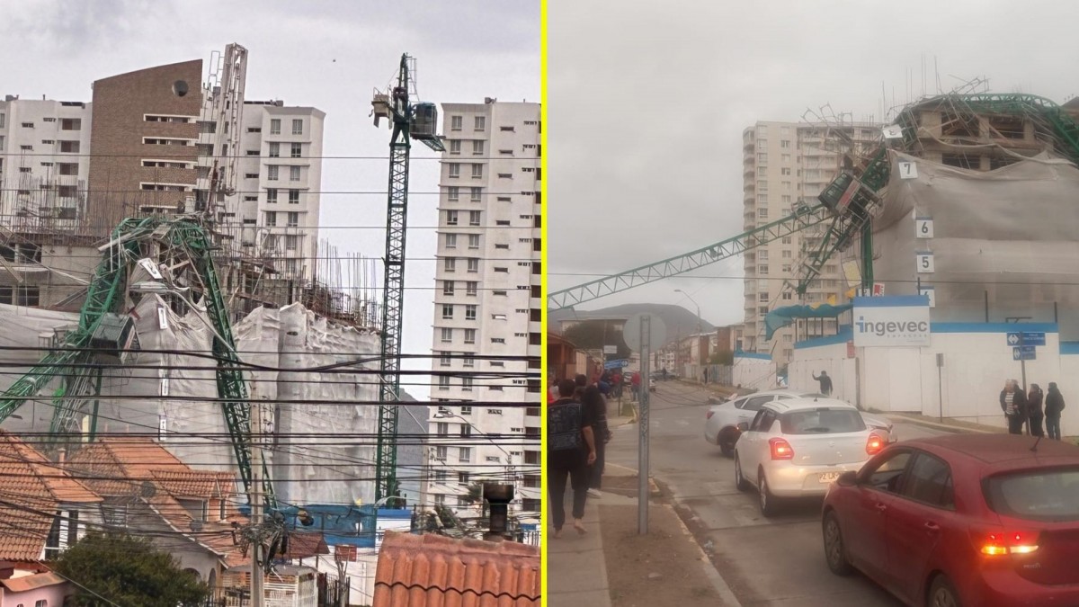 Videos captan cómo grúa colapsa por fuerte viento en Coquimbo: Cayó sobre viviendas y vehículos, dejando un herido