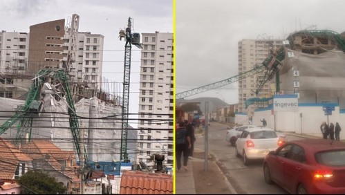 Videos captan cómo grúa colapsa por fuerte viento en Coquimbo: Cayó sobre viviendas y vehículos, dejando un herido