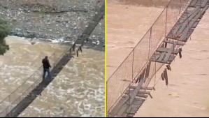 Familias cruzan peligroso puente colgante para salir de sus casas: Sistema frontal deja aislado a sector de Petorca
