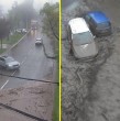 Cámaras de seguridad de la Municipalidad de Las Condes captaron cómo avanzó el aluvión por una calle y arrastró vehículos. Conoce los registros de la emergencia.