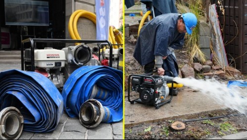 Dúplex en el que se ve una motobomba, como las que adquirirá el Gobierno de Santiago. En la otra imagen, un hombre utiliza una de estas máquinas para extraer agua de un sector.