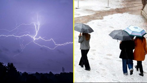 Imágenes de truenos y personas protegiéndose de los granizos.