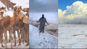 Las imágenes de la nevada que transformó al desierto en Arabia Saudita en un increíble paisaje blanco